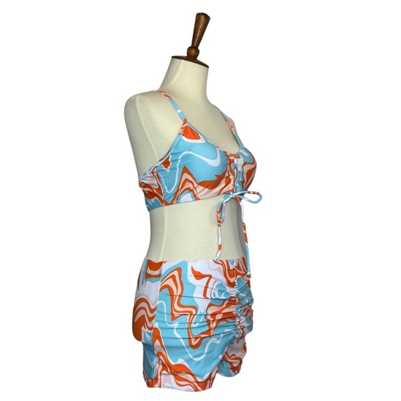 Retro 3 Pcs Set Orange Blue White Psychedelic Bikini & Coverup - Picture 10 of 15